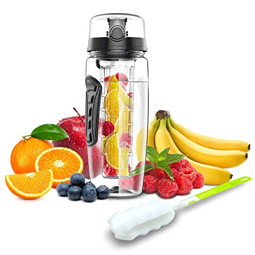 Babacom Wasserflasche Mit Fruchteinsatz 1L/32OZ Trinkflasche Sport mit Infuser Reinigungsbürste Verschluss Tragehenkel für Fruchtsaft BPA-frei Tritan