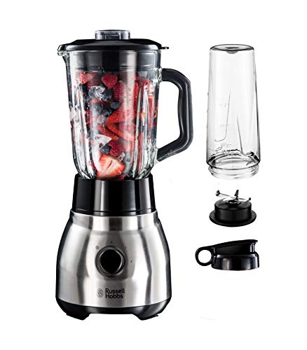 Russell Hobbs Standmixer Glas Steel 2-in-1, inkl. To-Go-Becher & Deckel, 1.5l Glasbehälter, Mixer 0.8 PS-Motor, Impuls-/Ice-Crush Funktion, mini Smoothie-Maker 23821-56