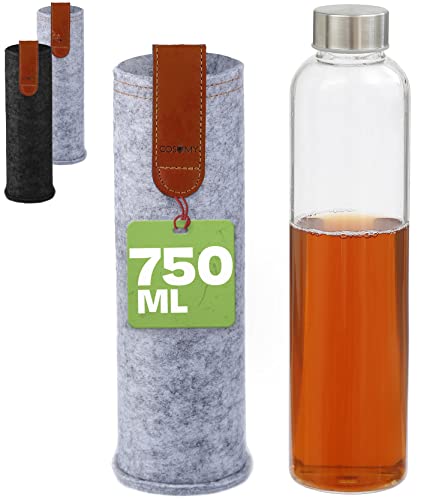 Cosumy Trinkflasche aus Glas mit Filzhülle für Unterwegs - 750ml Glasflasche - Auslaufsicher - Robustes Borosilikatglas