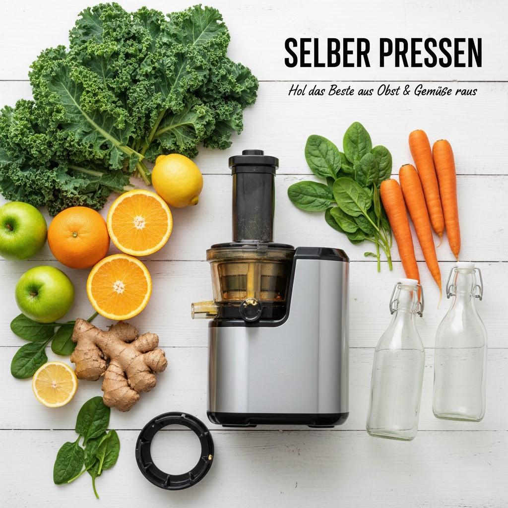 Saftpresse beim Pressen von frischem Saft - frische Säfte selbst herstellen